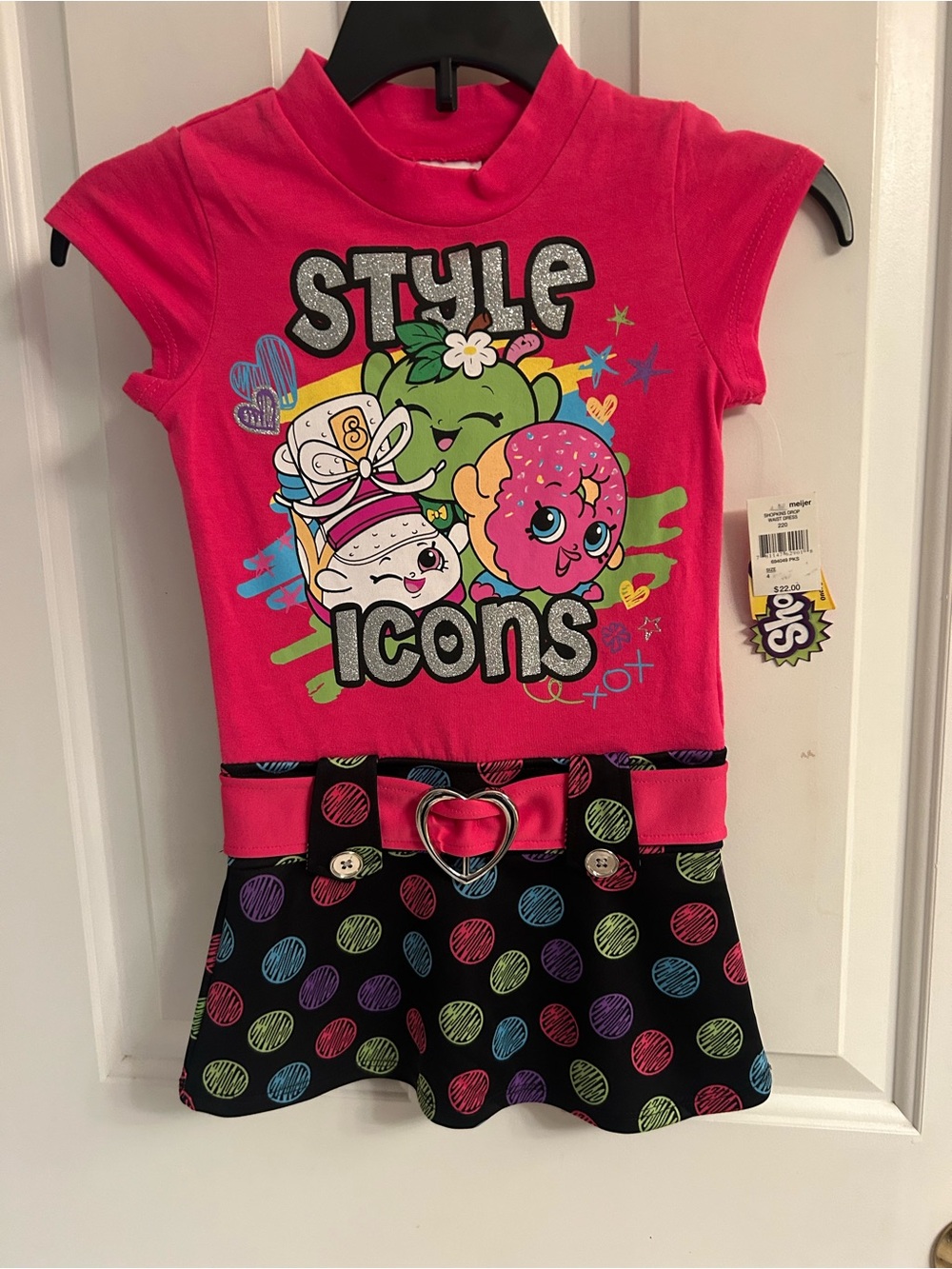 NWT-Girls Pink 'Shopkins Style Icons' Graphic Dress with Polka Dot Skirt
